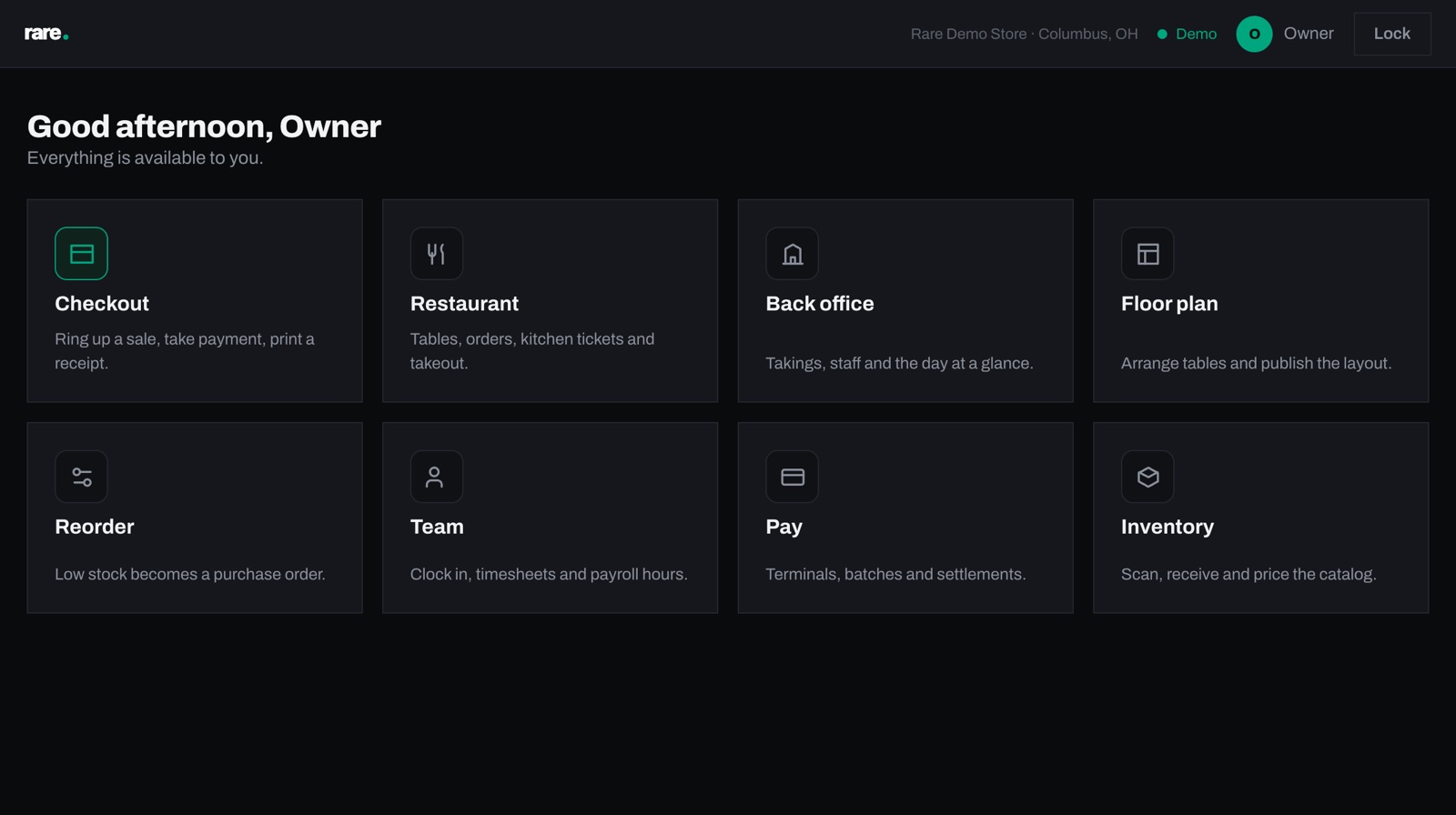 Rare Point home screen with tiles for Checkout, Restaurant, Back office, Floor plan, Reorder, Team, Pay and Inventory