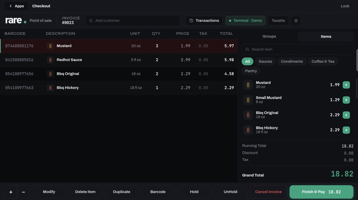 Rare Point register: a cart with scanned items, item search by category and a Finish & Pay button